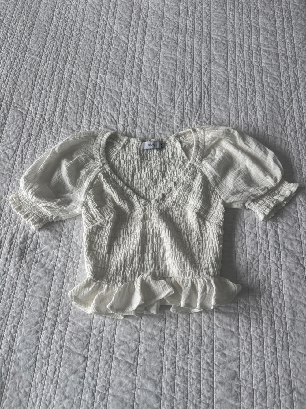 Greylin Cream Smocked V-Neck Puff Sleeve Ruffle Top 100% cotton